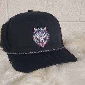 Black Trucker Hat with Colorful Wolf Design